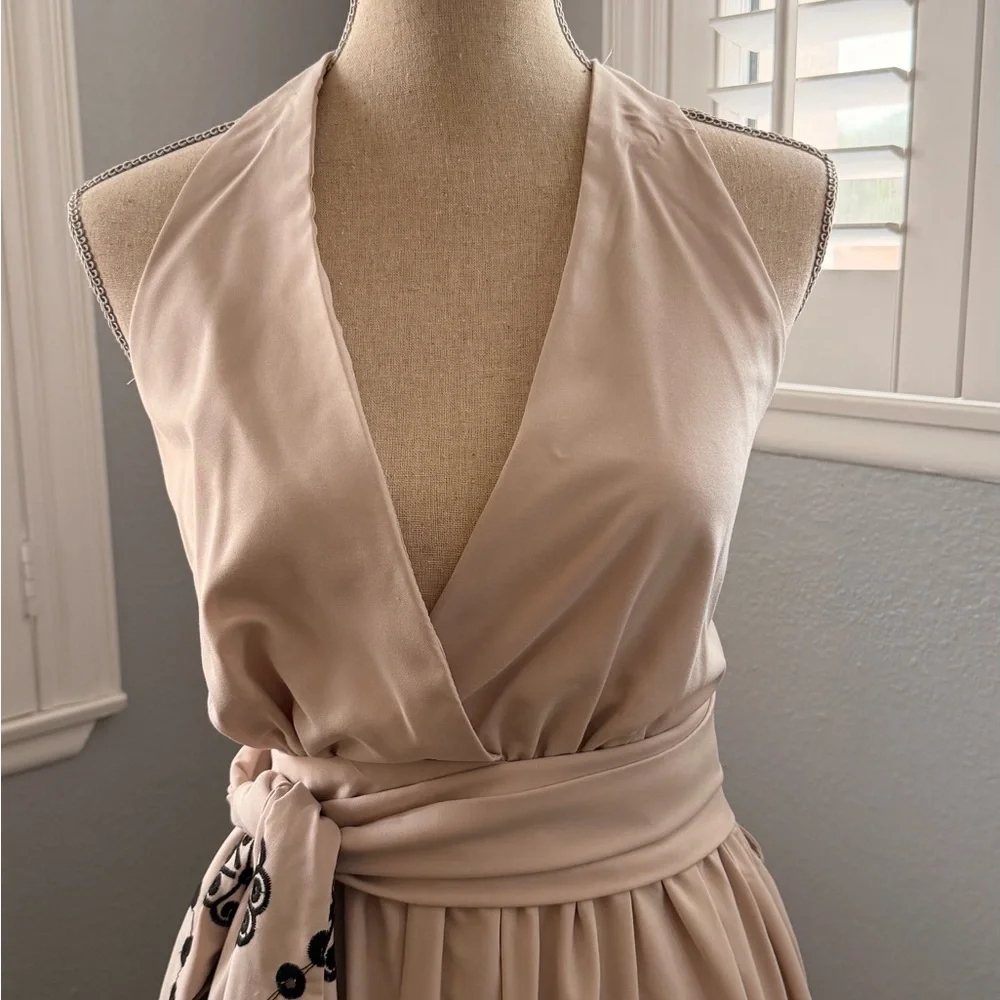 Elegant Beige Embroidered Wrap Long Dress - Picture 3 of 7